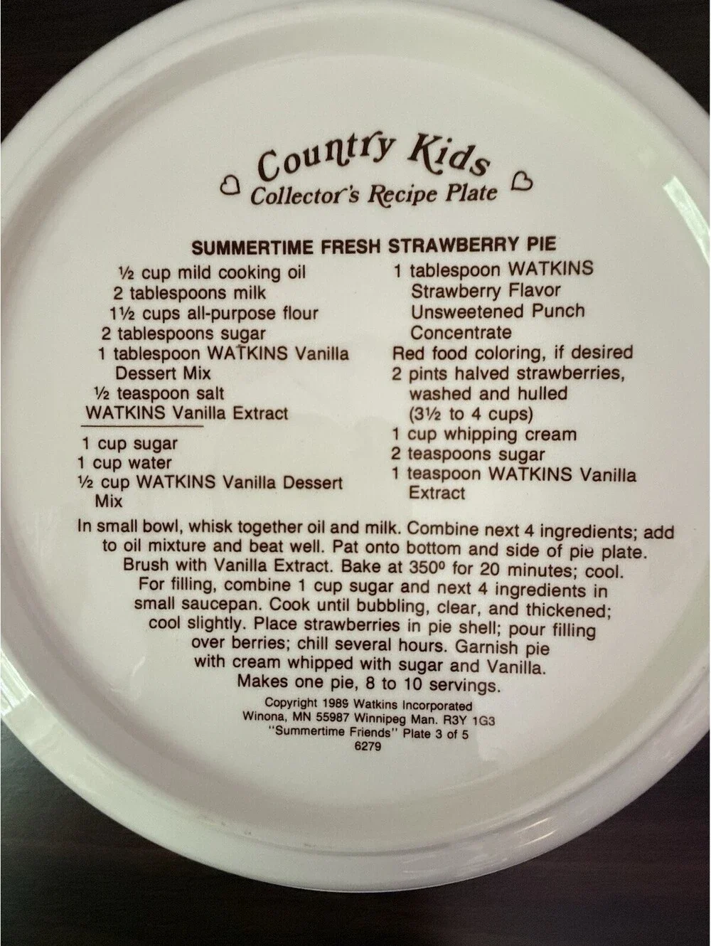Watkins Country Kids Pie Plate Summertime Strawberry Pie Recipe 1989 Vintage